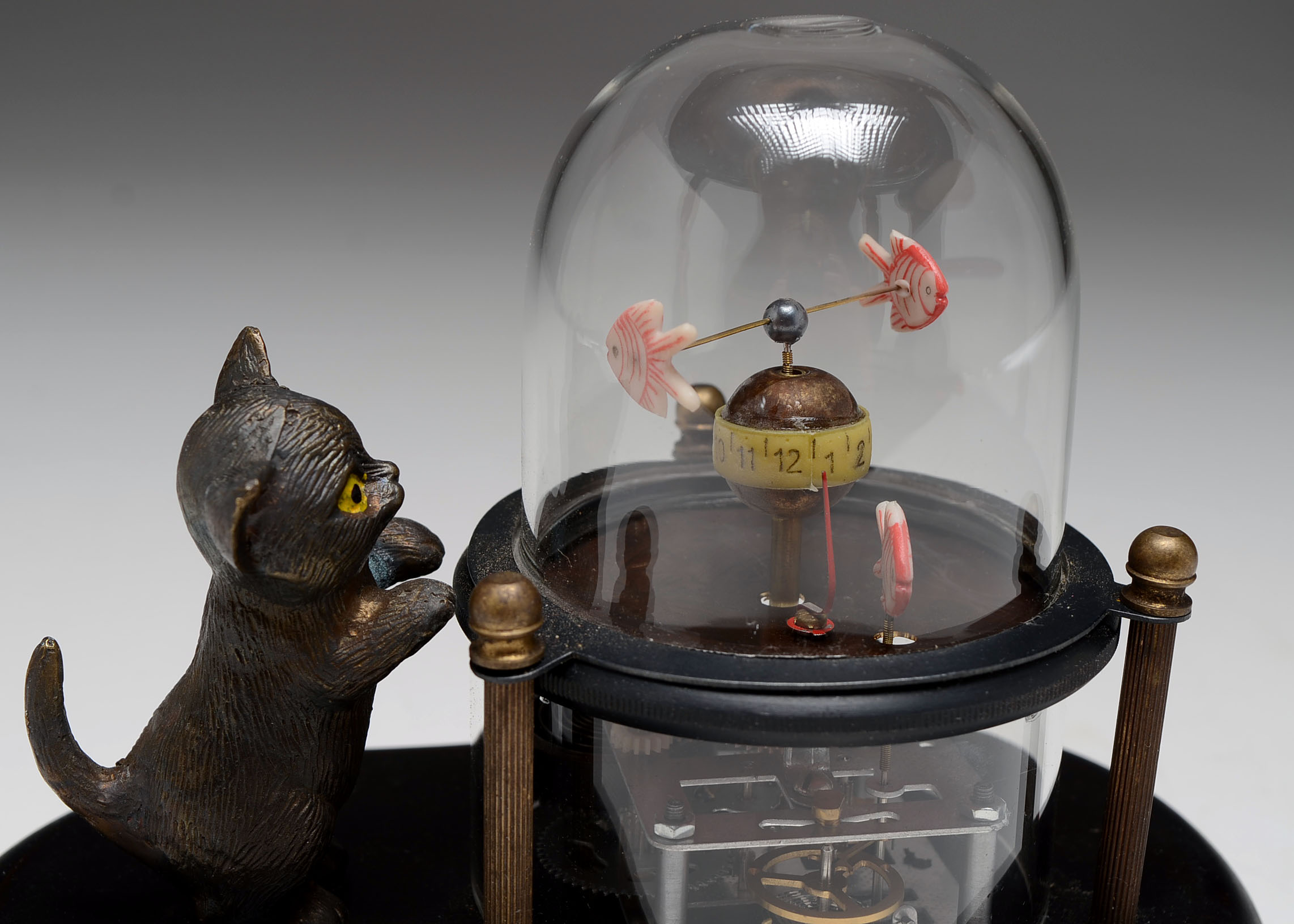 Asian Inspired Cat Watching Fish Mechanical Clock