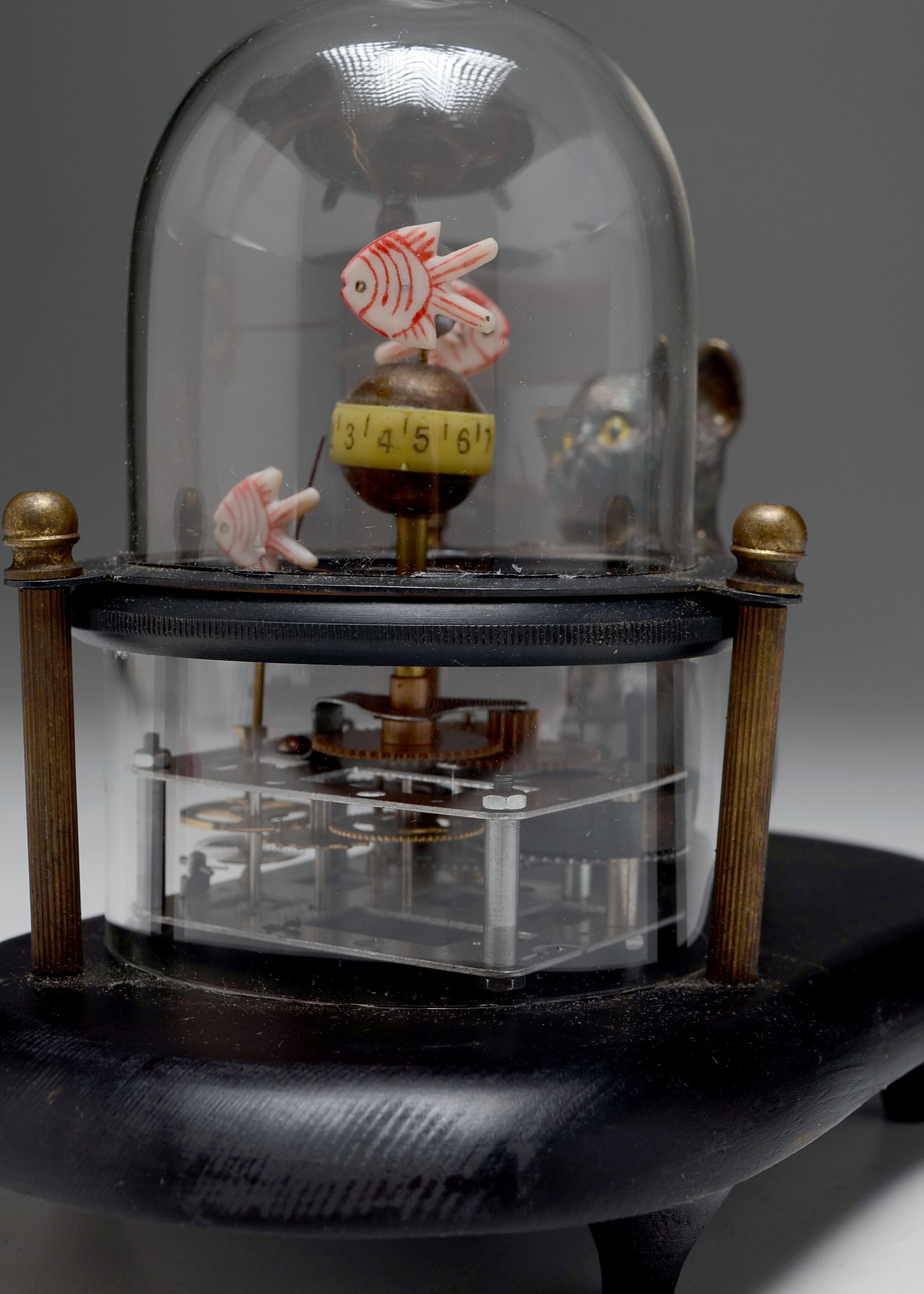 Asian Inspired Cat Watching Fish Mechanical Clock
