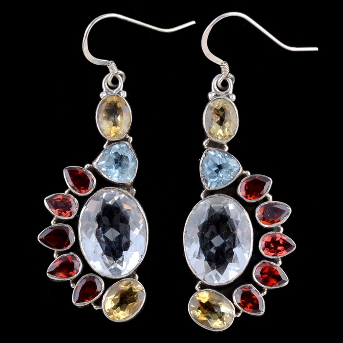 Pair of Sterling Silver Multi-Color Gemstone Dangle Earrings