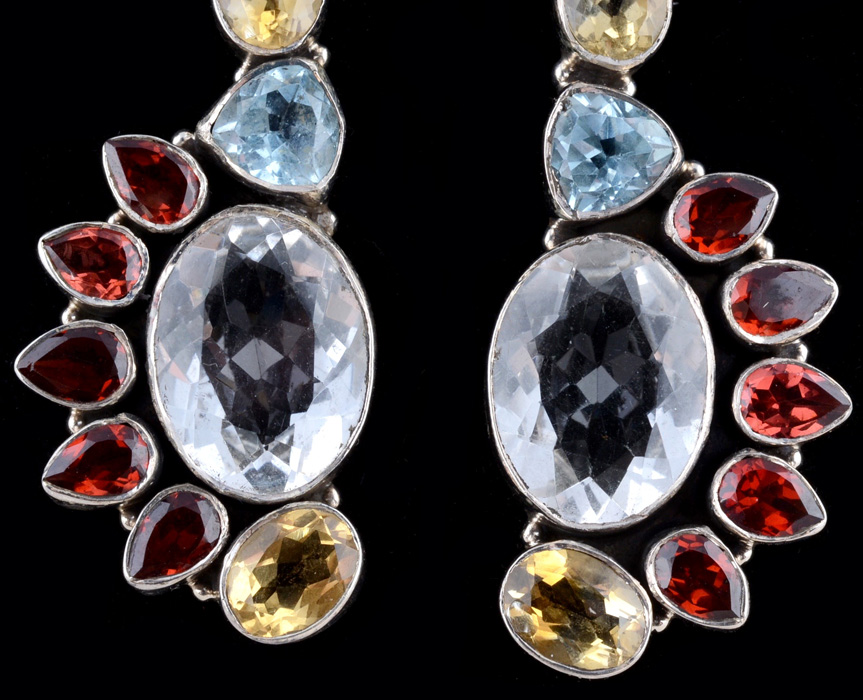 Pair of Sterling Silver Multi-Color Gemstone Dangle Earrings