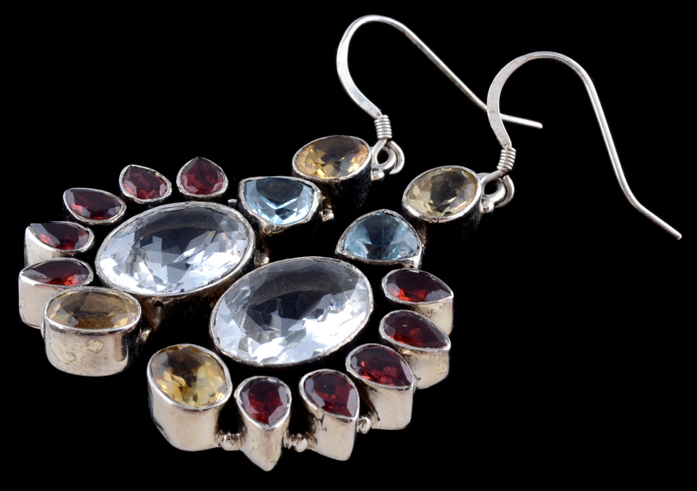 Pair of Sterling Silver Multi-Color Gemstone Dangle Earrings