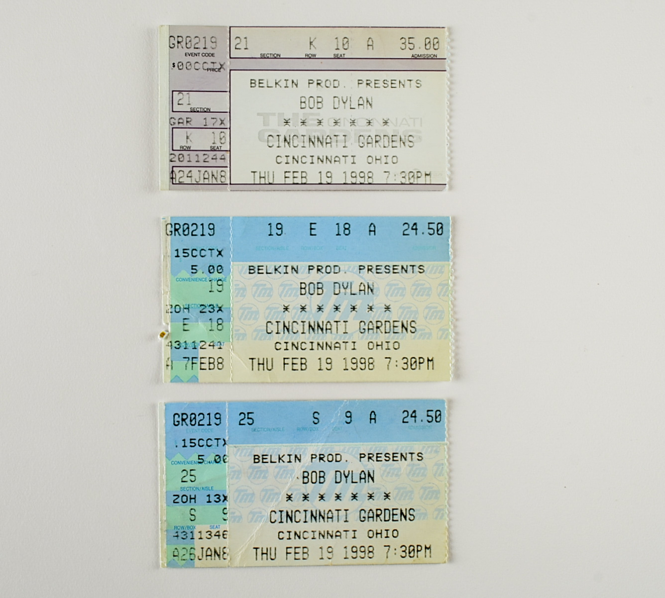 Three 1998 Bob Dylan Concert Tickets