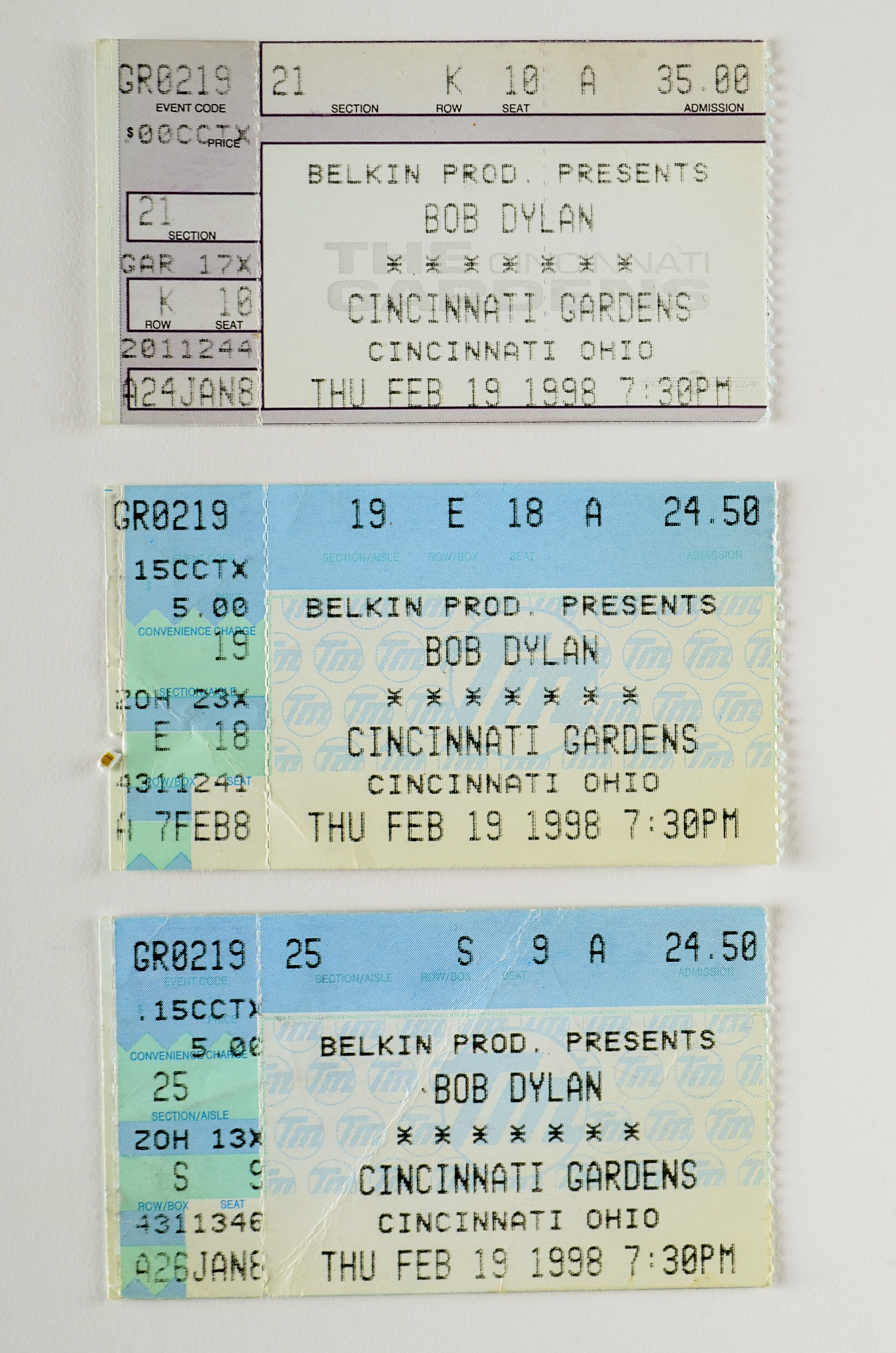 Three 1998 Bob Dylan Concert Tickets