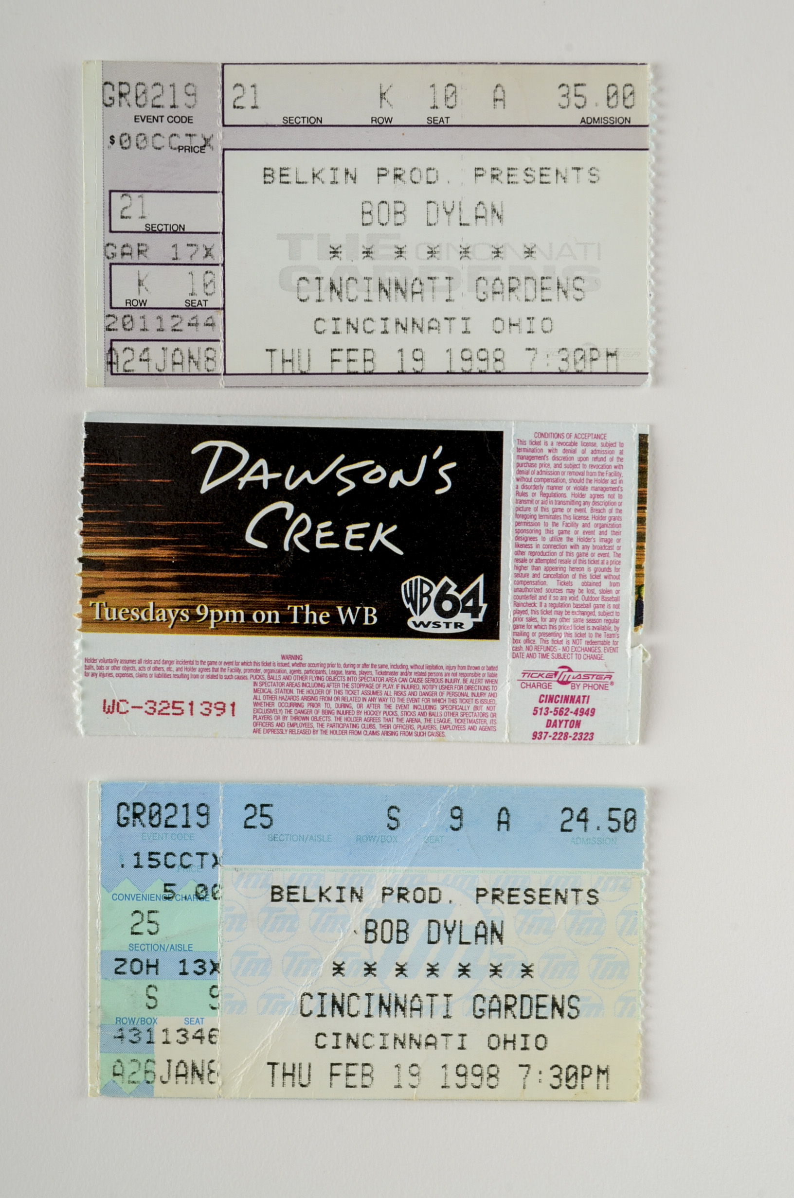 Three 1998 Bob Dylan Concert Tickets