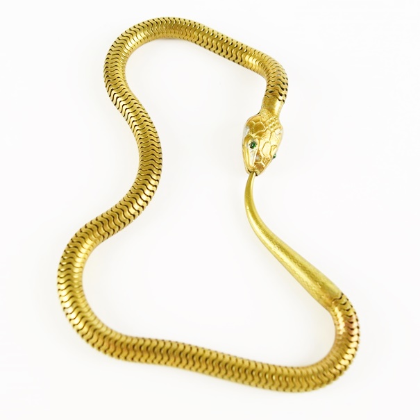 Art Deco Gilt Brass Reticulated Snake Necklace with Hinged Jaw