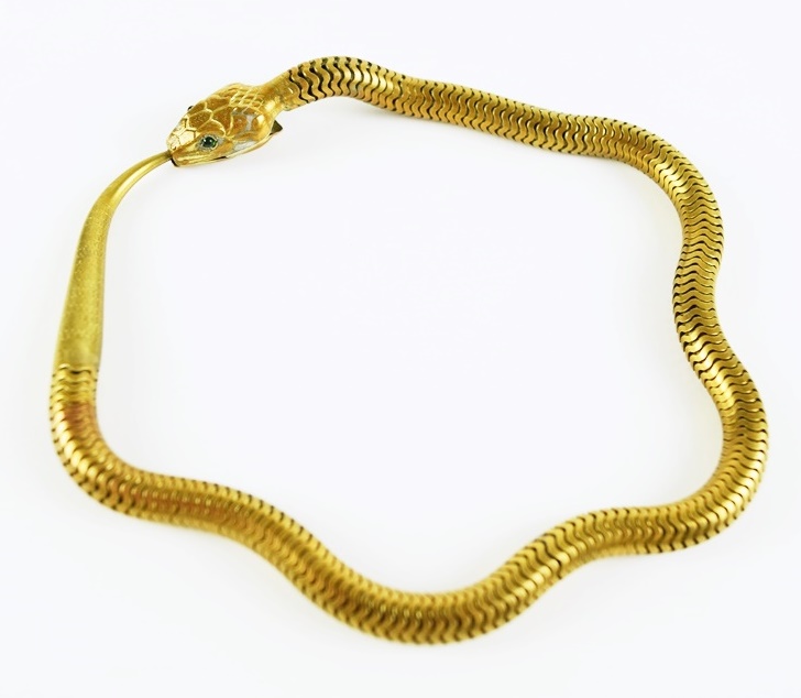 Art Deco Gilt Brass Reticulated Snake Necklace with Hinged Jaw