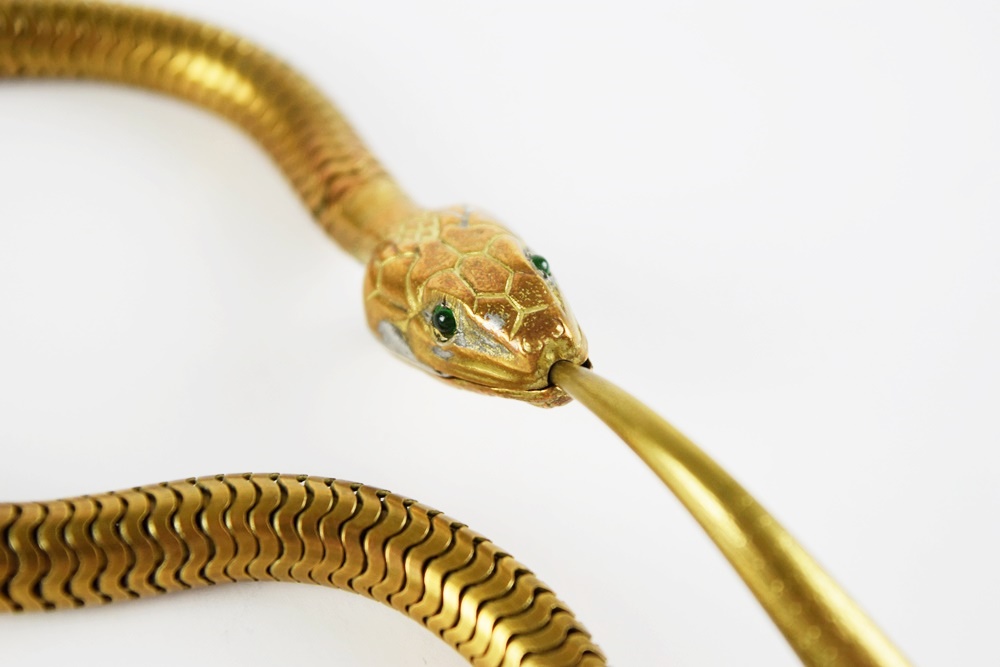 Art Deco Gilt Brass Reticulated Snake Necklace with Hinged Jaw
