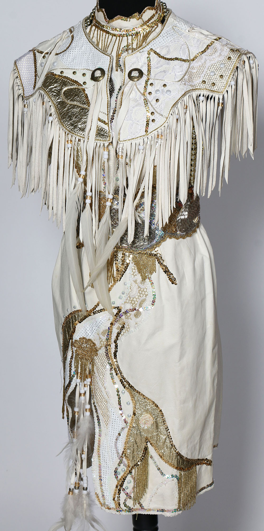 Tanya's Embellished White Leather Halter Dress Stage Ensemble with Fringe