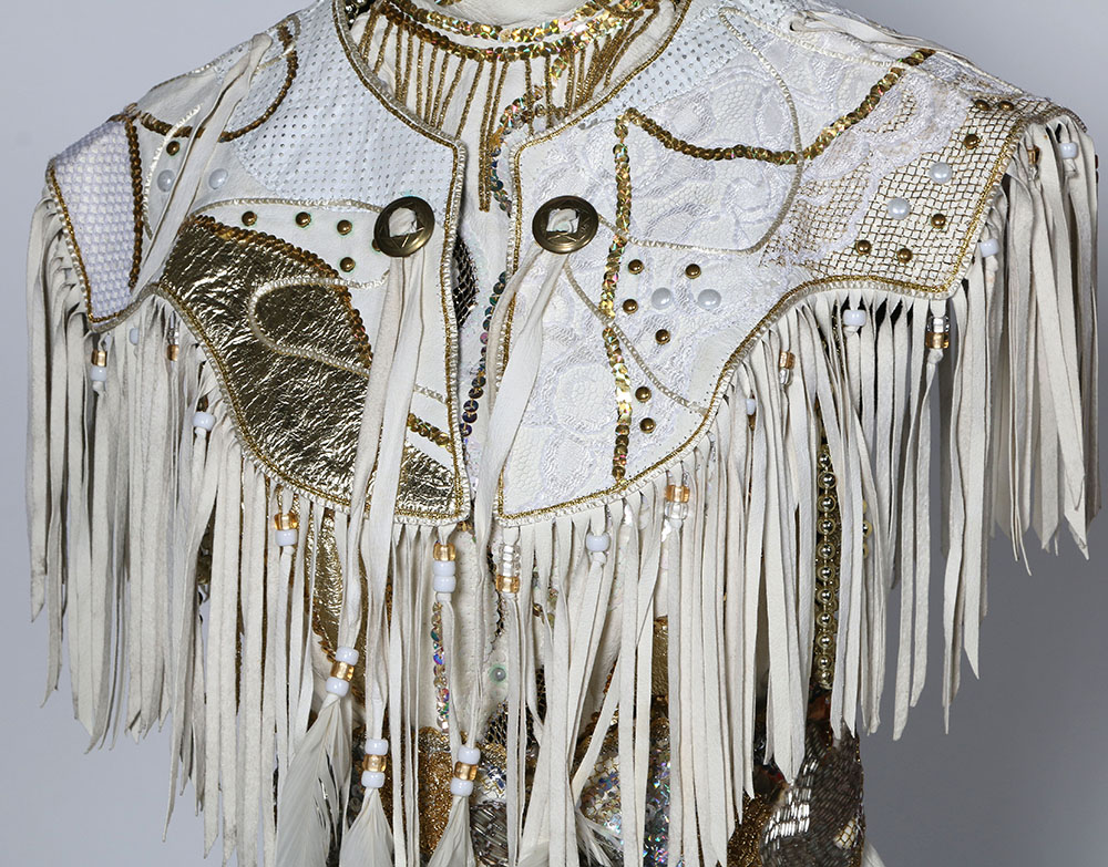 Tanya's Embellished White Leather Halter Dress Stage Ensemble with Fringe