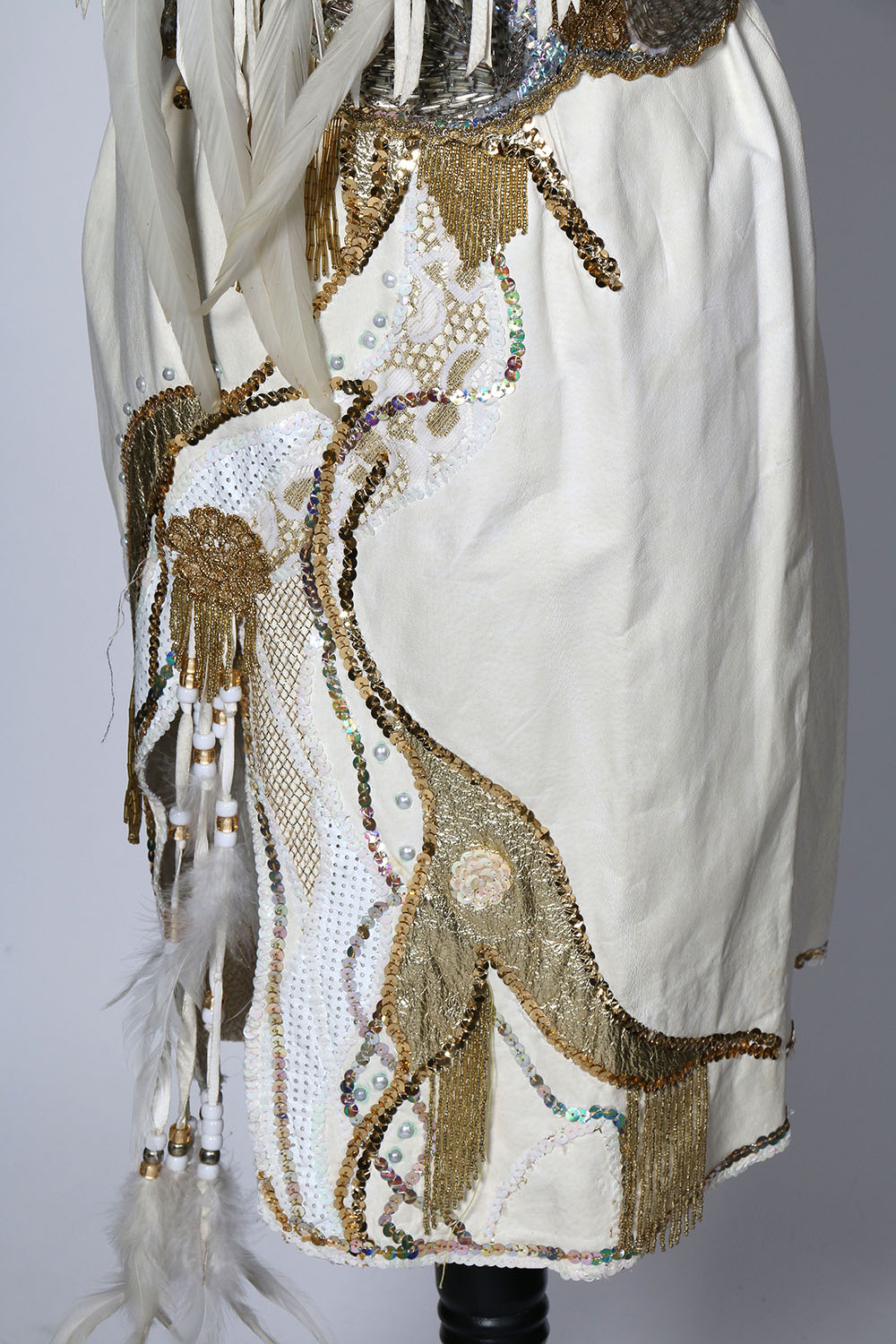 Tanya's Embellished White Leather Halter Dress Stage Ensemble with Fringe