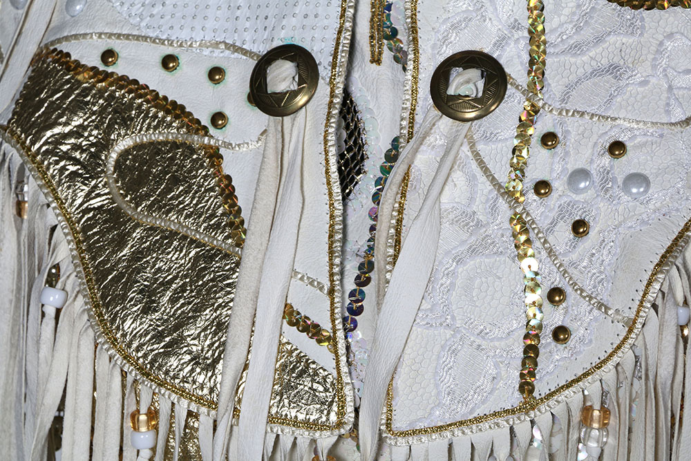 Tanya's Embellished White Leather Halter Dress Stage Ensemble with Fringe