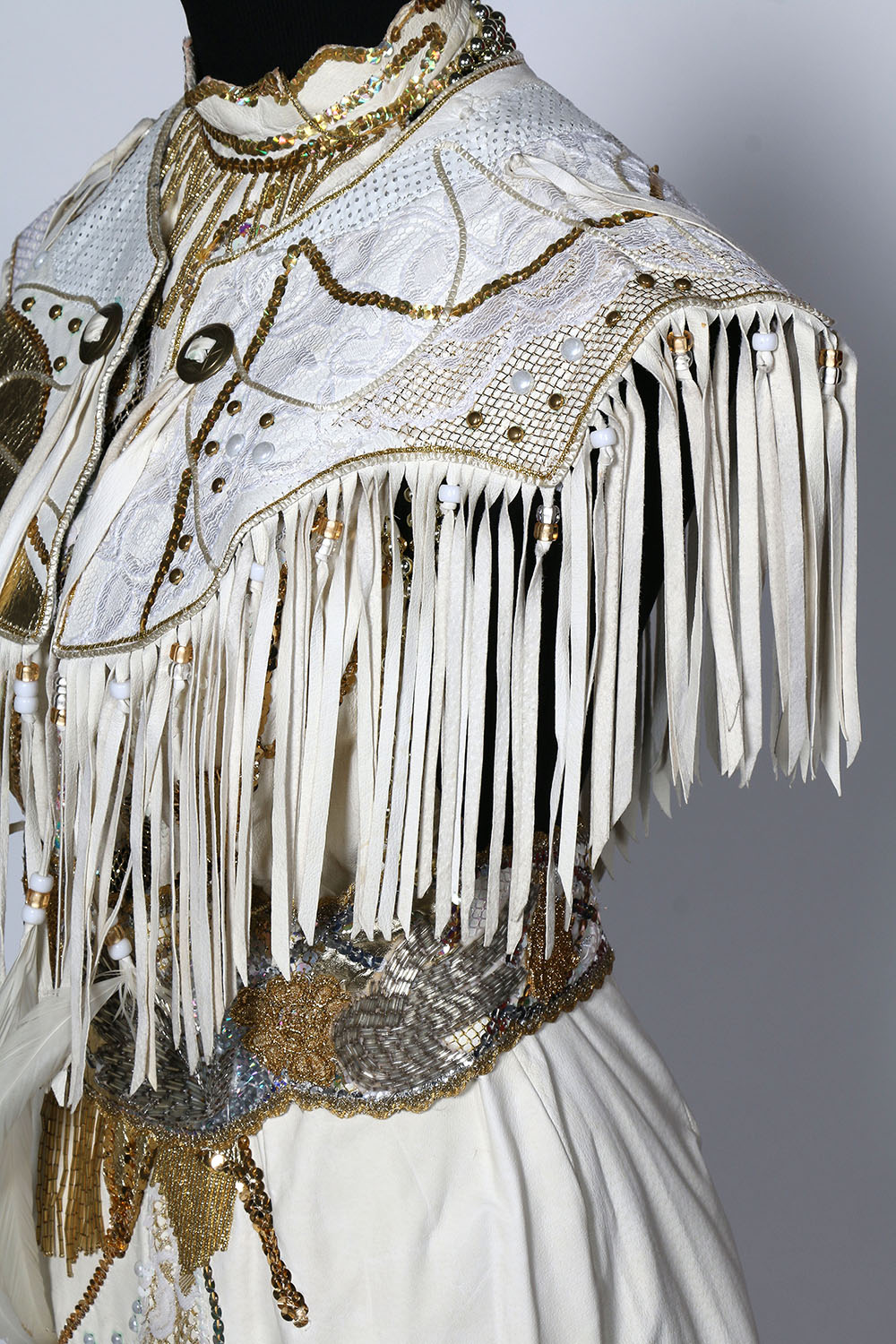 Tanya's Embellished White Leather Halter Dress Stage Ensemble with Fringe