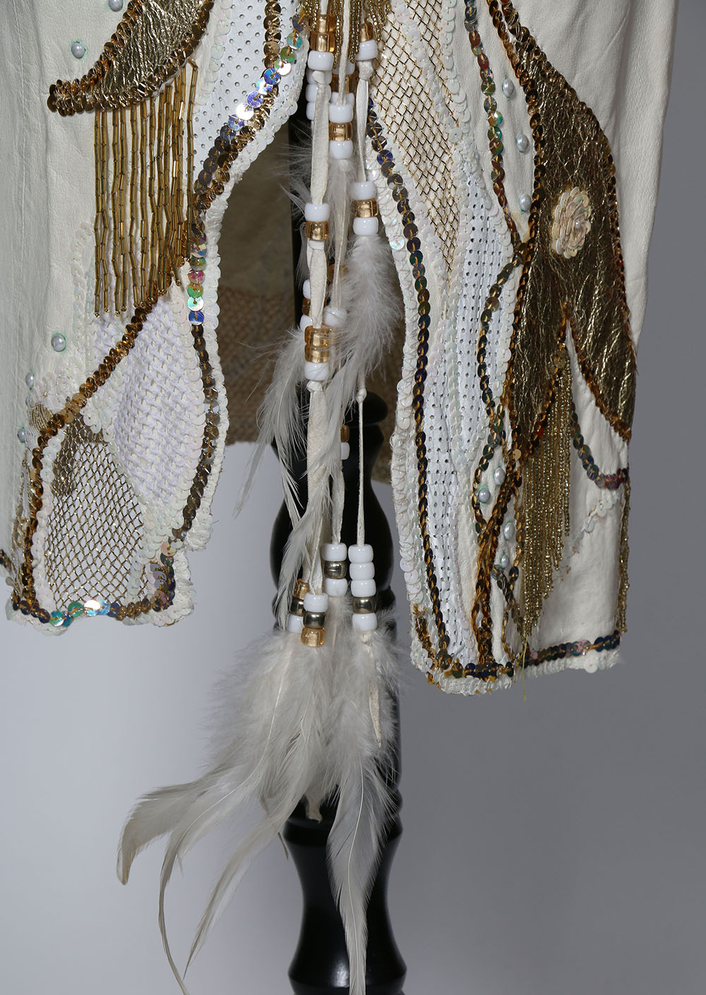 Tanya's Embellished White Leather Halter Dress Stage Ensemble with Fringe