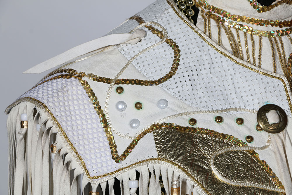 Tanya's Embellished White Leather Halter Dress Stage Ensemble with Fringe