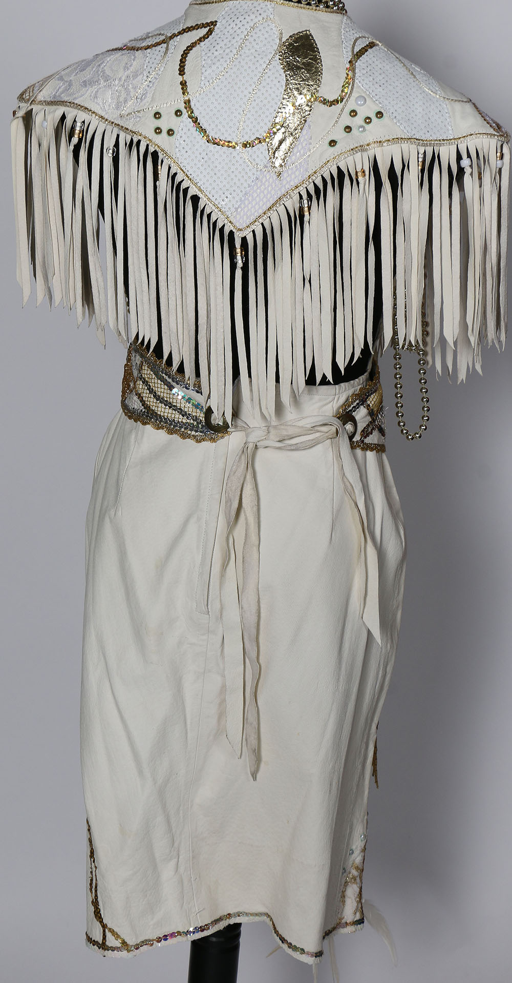 Tanya's Embellished White Leather Halter Dress Stage Ensemble with Fringe