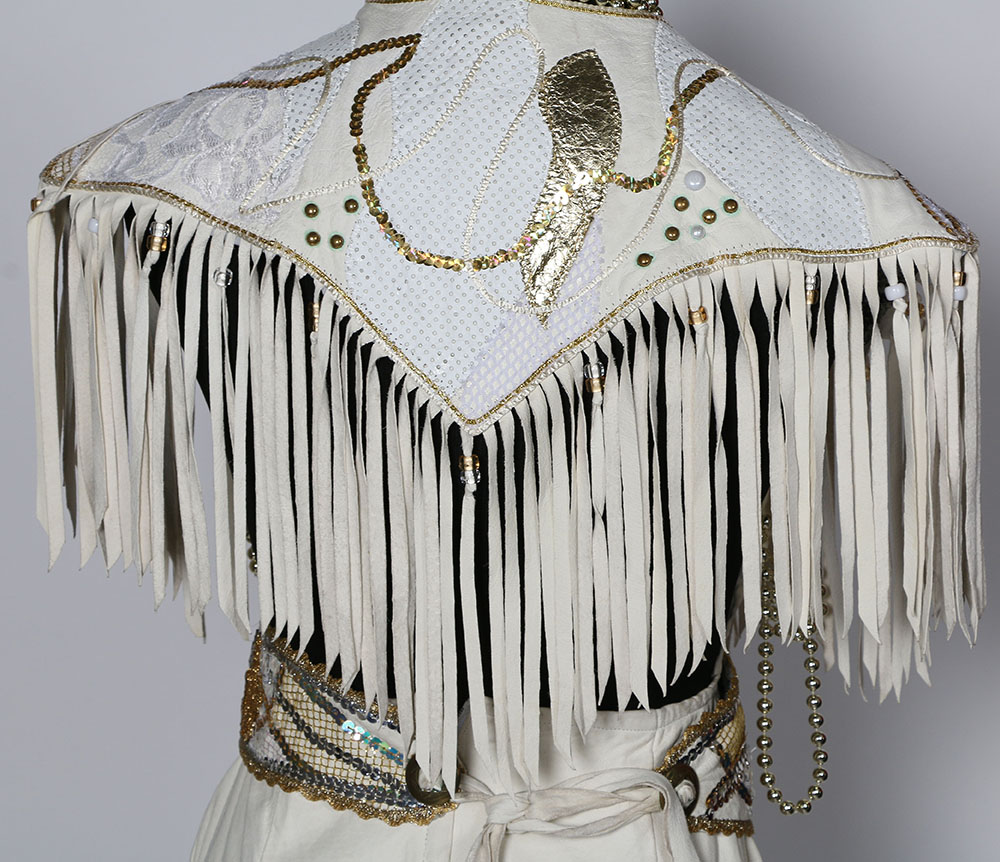 Tanya's Embellished White Leather Halter Dress Stage Ensemble with Fringe