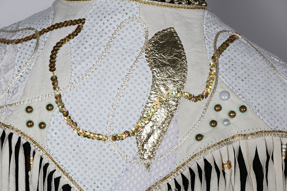 Tanya's Embellished White Leather Halter Dress Stage Ensemble with Fringe