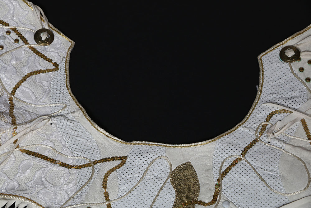 Tanya's Embellished White Leather Halter Dress Stage Ensemble with Fringe