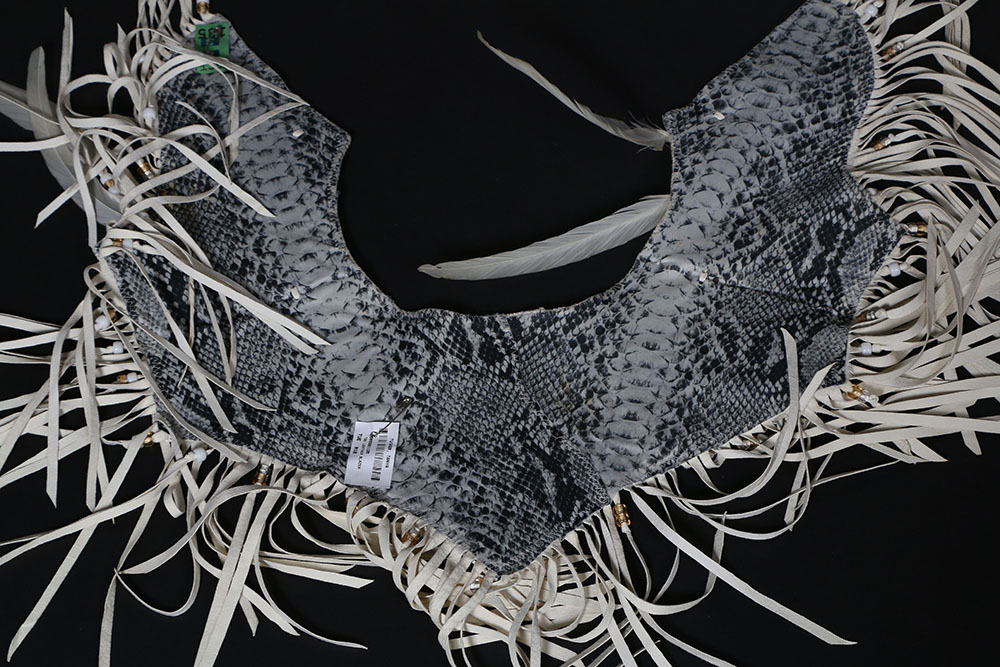 Tanya's Embellished White Leather Halter Dress Stage Ensemble with Fringe