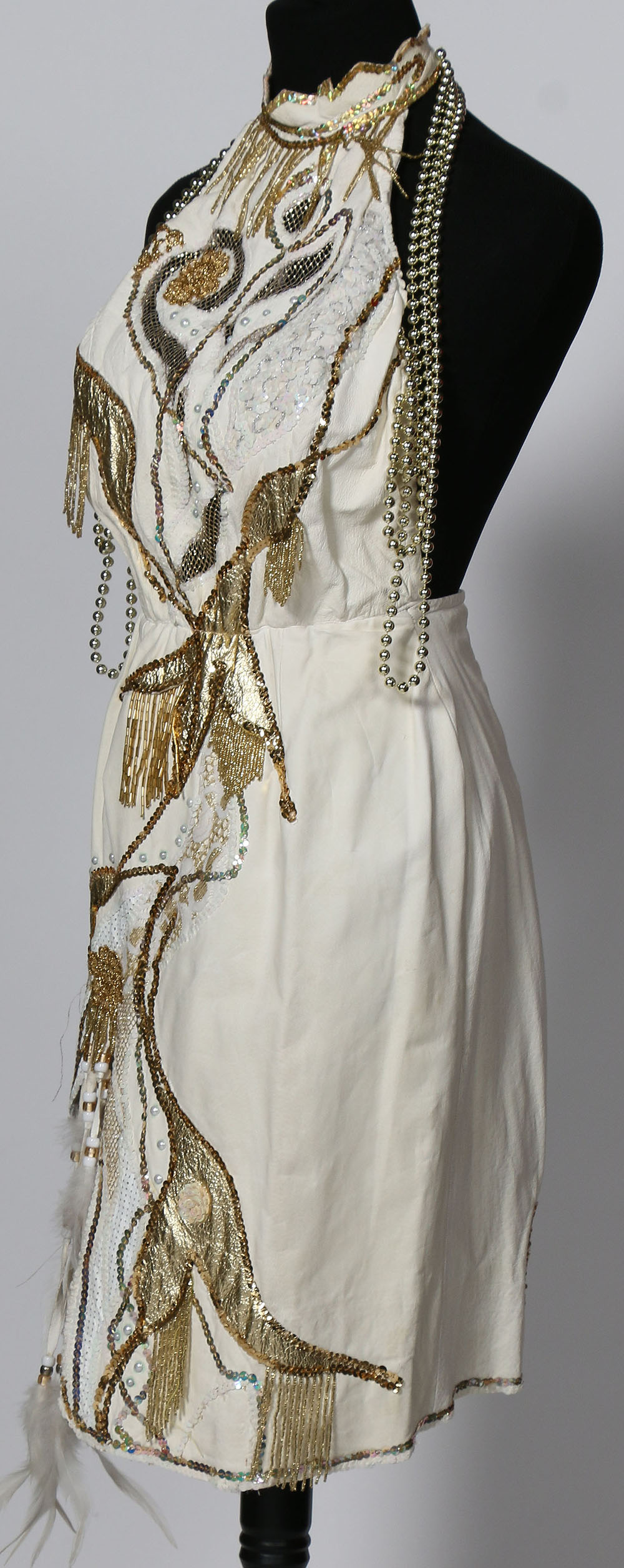 Tanya's Embellished White Leather Halter Dress Stage Ensemble with Fringe