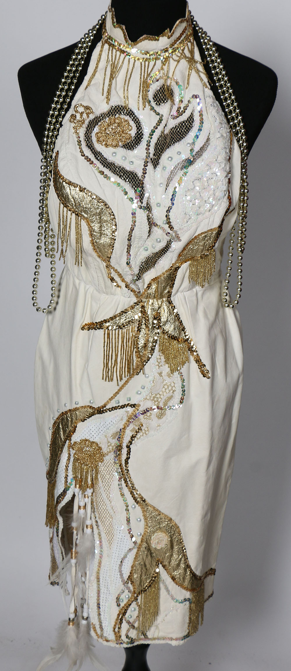 Tanya's Embellished White Leather Halter Dress Stage Ensemble with Fringe