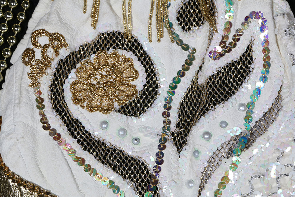 Tanya's Embellished White Leather Halter Dress Stage Ensemble with Fringe