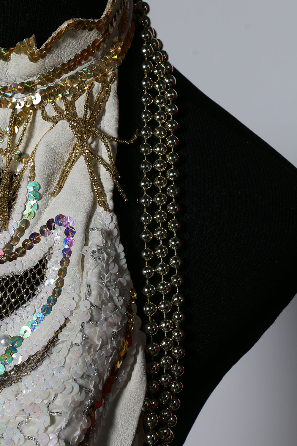 Tanya's Embellished White Leather Halter Dress Stage Ensemble with Fringe