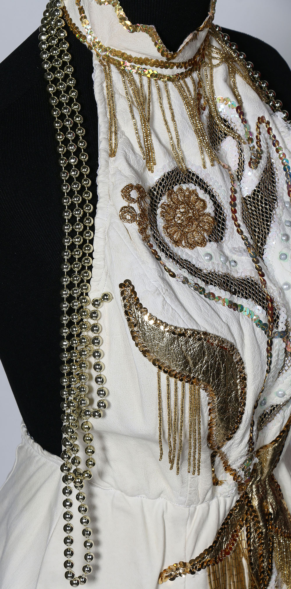 Tanya's Embellished White Leather Halter Dress Stage Ensemble with Fringe