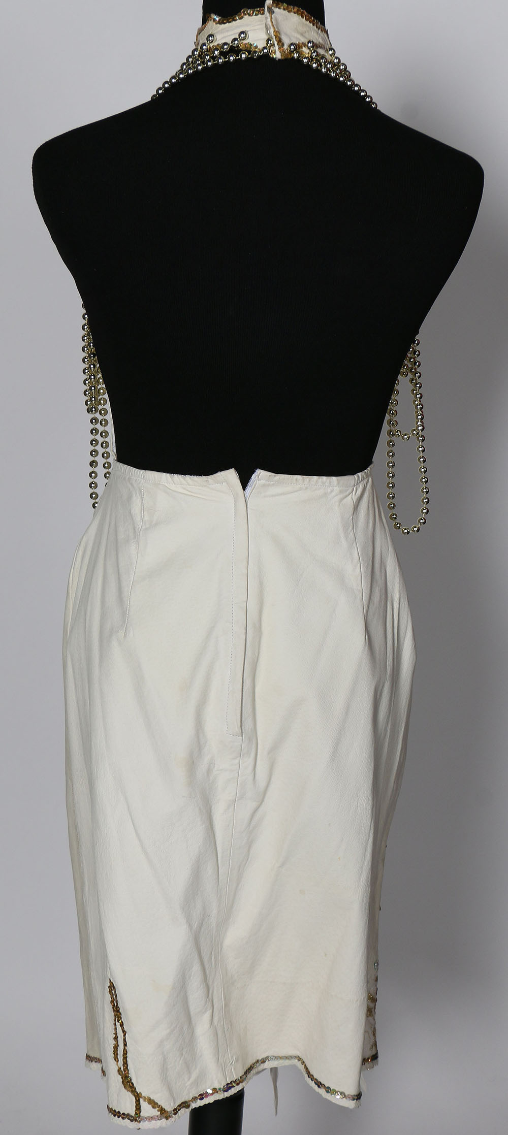 Tanya's Embellished White Leather Halter Dress Stage Ensemble with Fringe