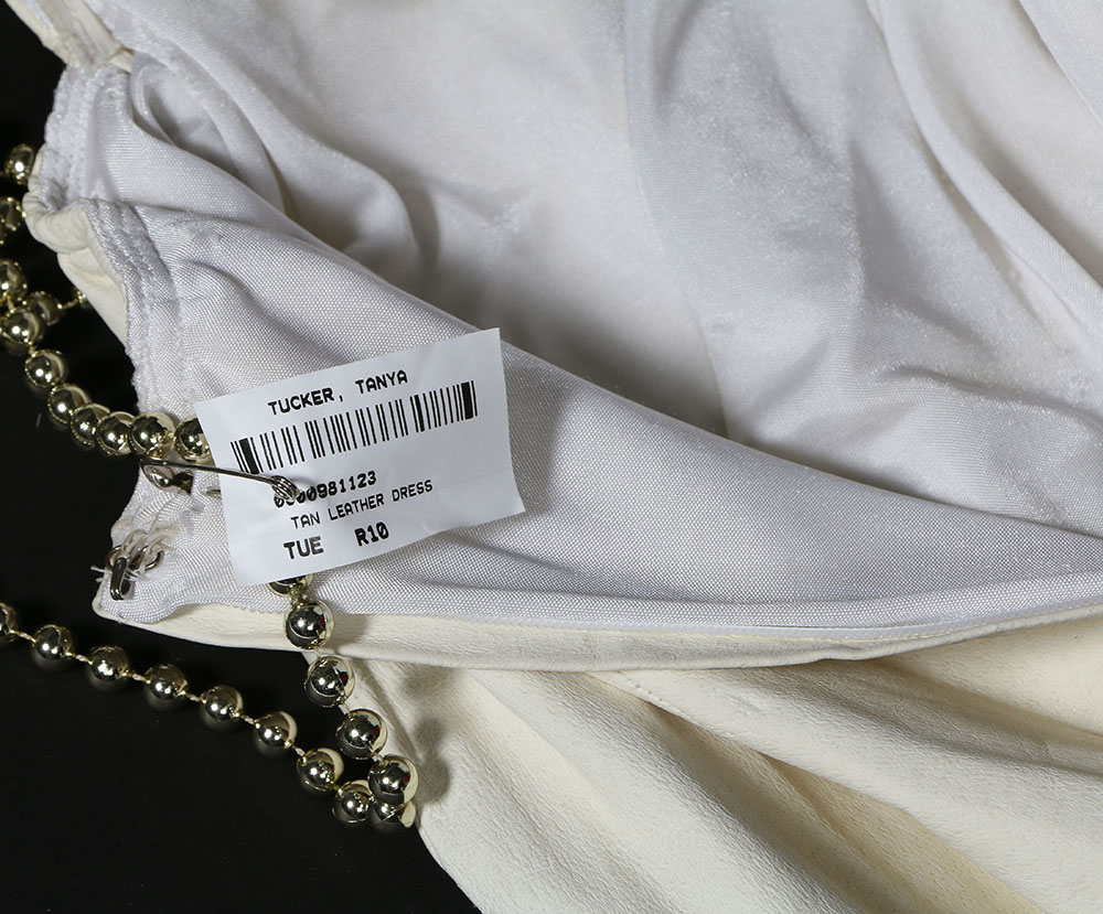 Tanya's Embellished White Leather Halter Dress Stage Ensemble with Fringe