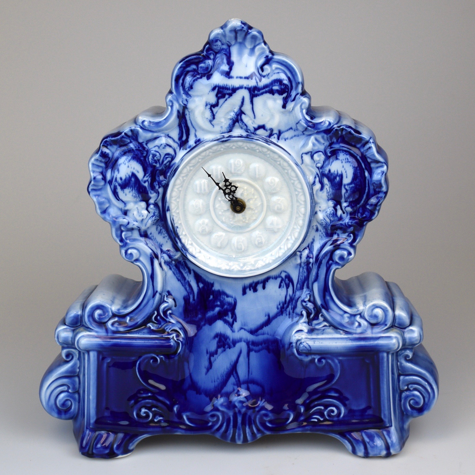 Large German Blue Flow Ceramic Mantle Clock