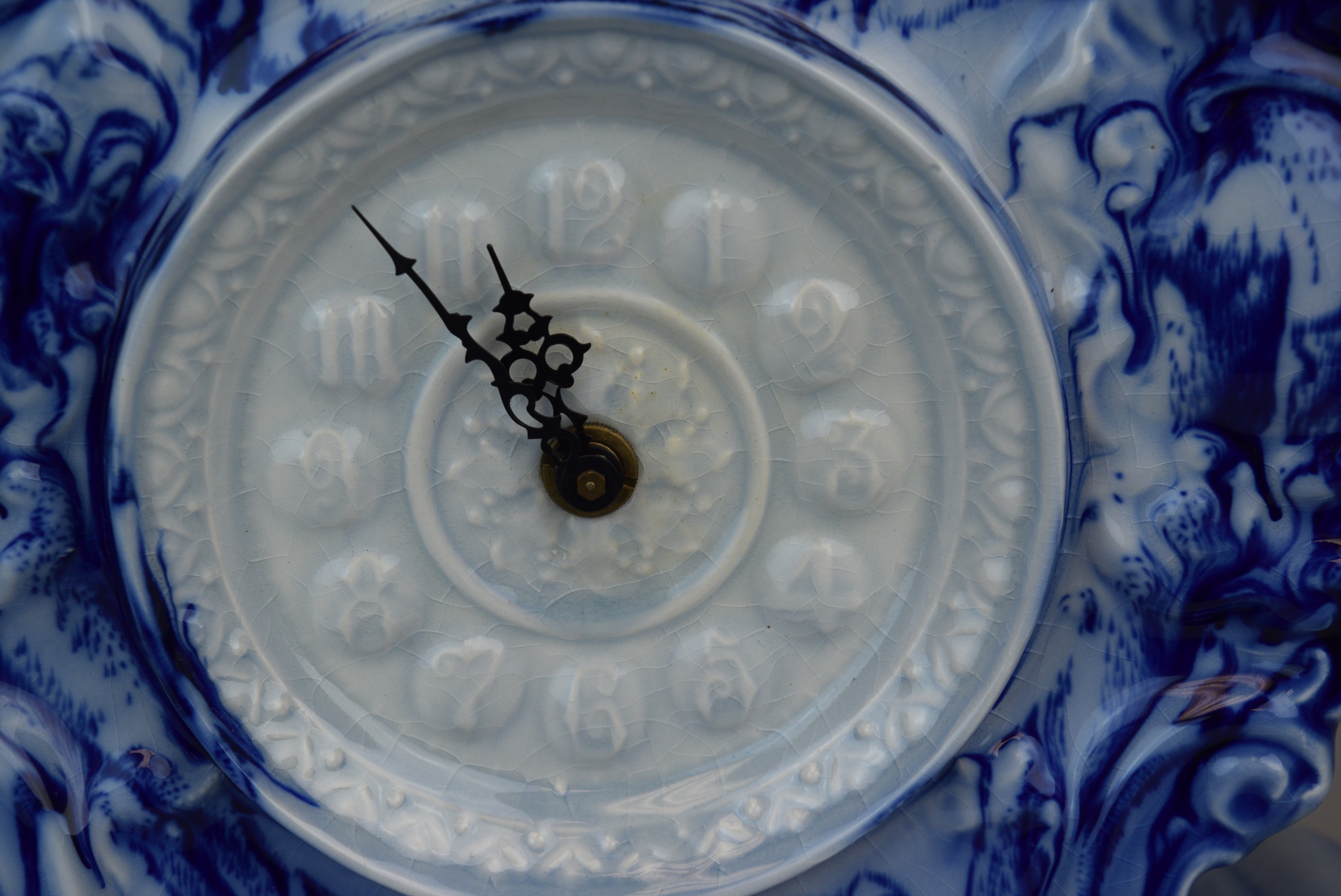 Large German Blue Flow Ceramic Mantle Clock