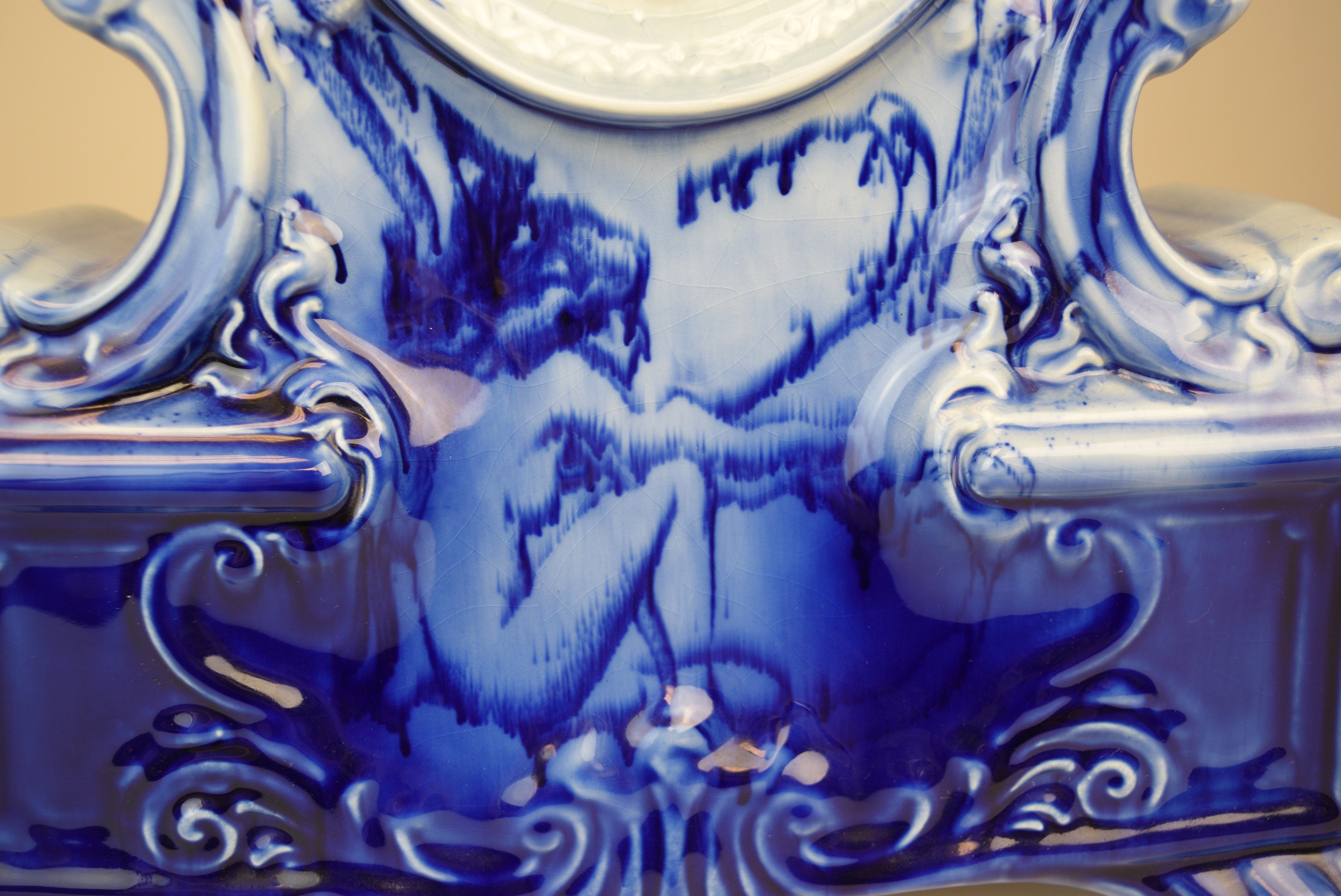 Large German Blue Flow Ceramic Mantle Clock