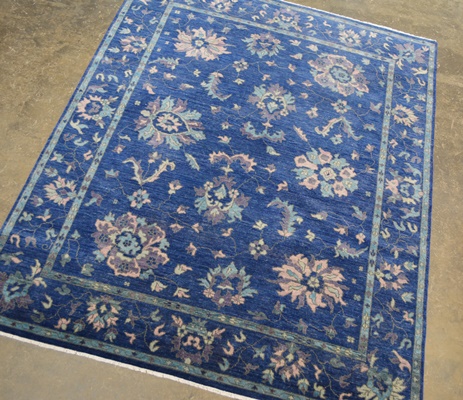 India Agra Design Cornflower Blue Hand Knotted Wool Area Rug