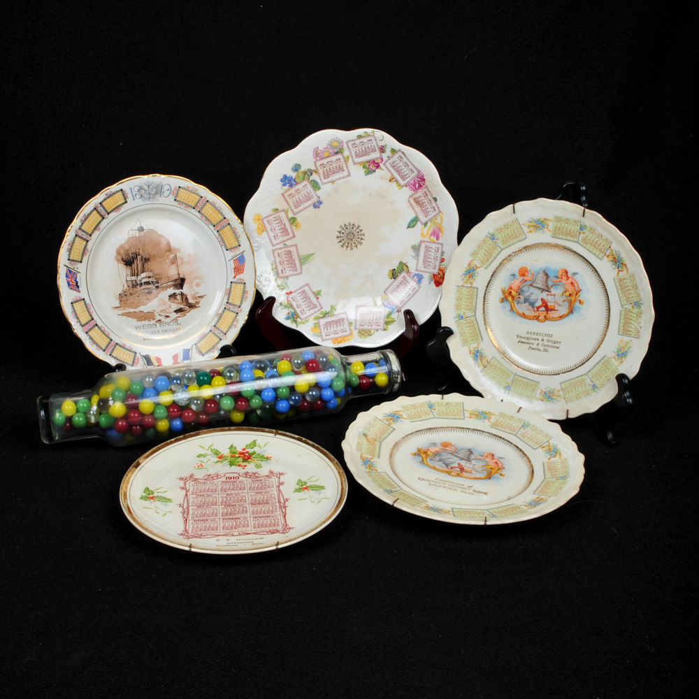 Vintage Marbled  Filled Roll Rite Rolling Pin and Collection of Antique Advertising plates