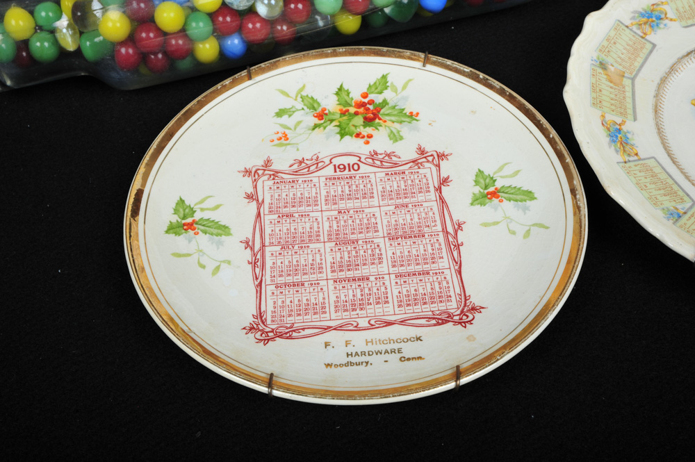 Vintage Marbled  Filled Roll Rite Rolling Pin and Collection of Antique Advertising plates