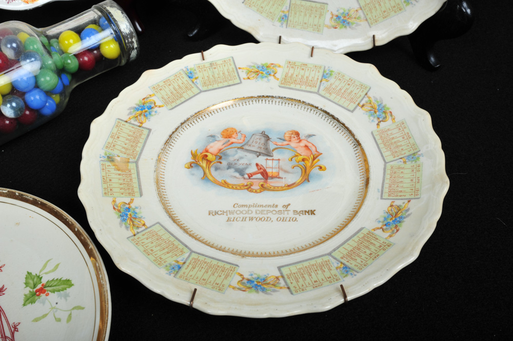 Vintage Marbled  Filled Roll Rite Rolling Pin and Collection of Antique Advertising plates