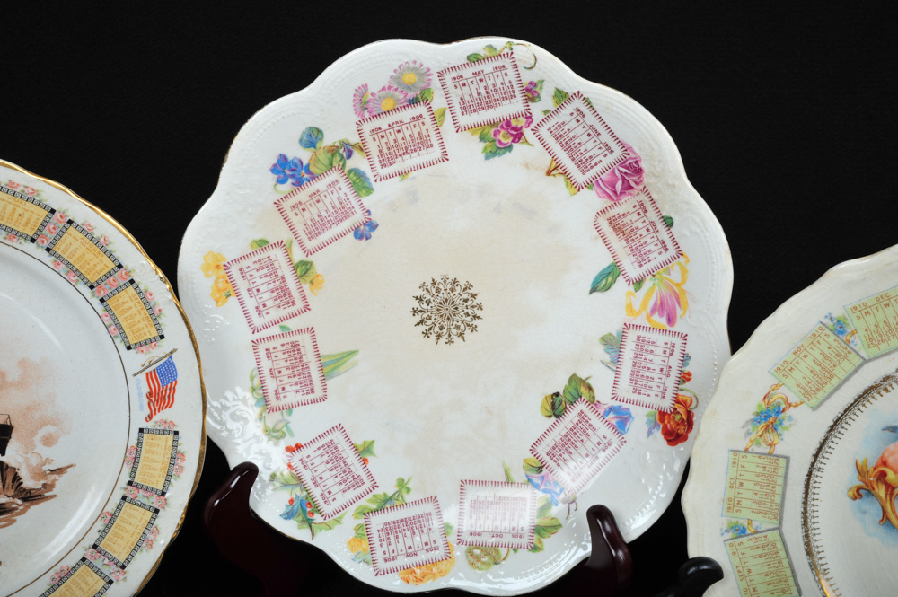 Vintage Marbled  Filled Roll Rite Rolling Pin and Collection of Antique Advertising plates