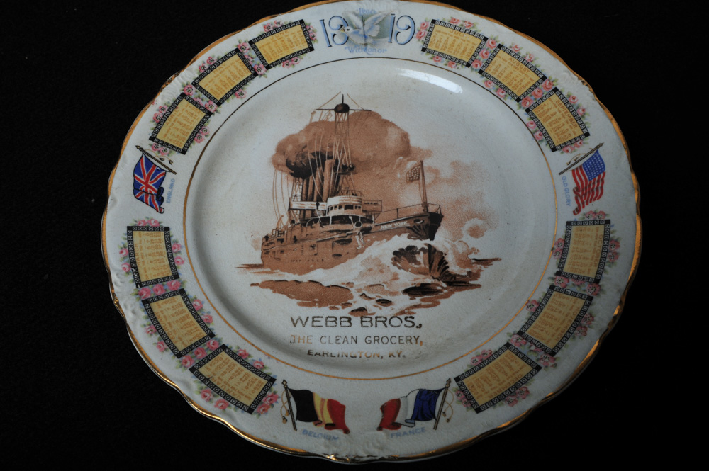 Vintage Marbled  Filled Roll Rite Rolling Pin and Collection of Antique Advertising plates