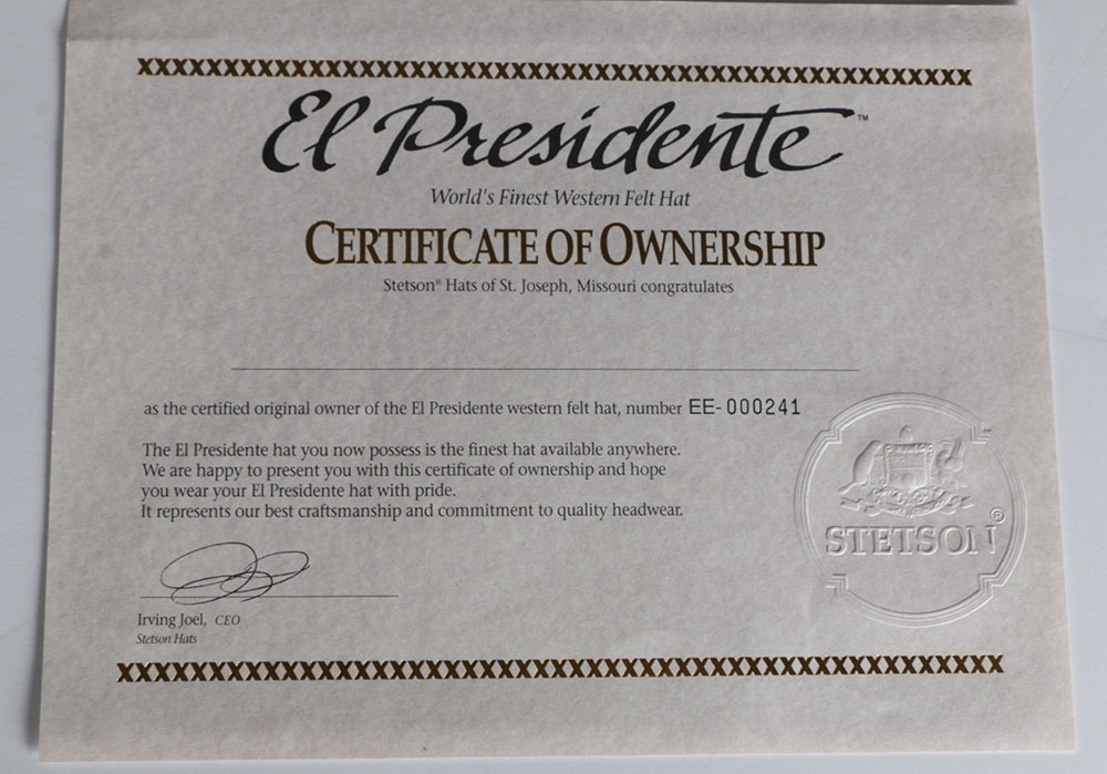 Tanya's Steston "El Presidente" 100X Beaver Fur and Cashmere Cowgirl Hat in a Stetson Display Case with Certificate