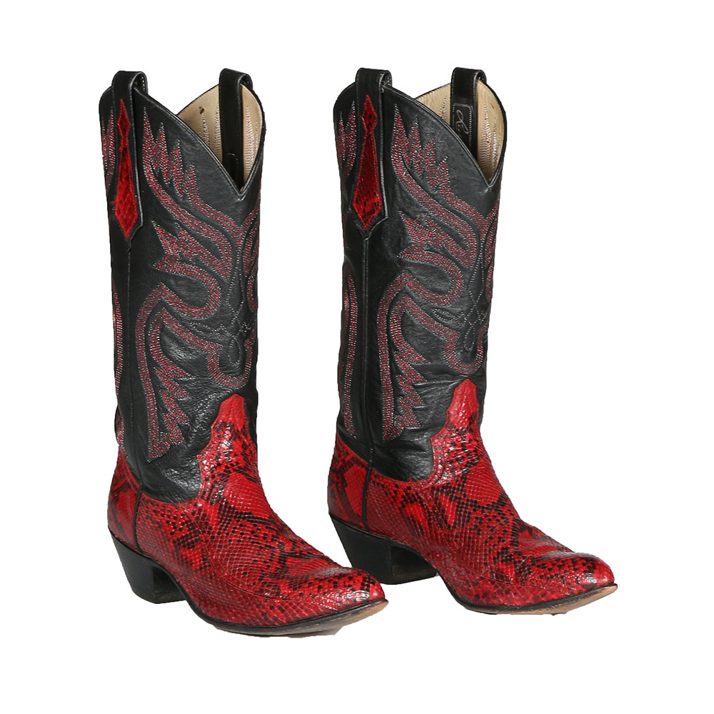 Vintage Larry Mahan of El Paso, Texas Red Snakeskin and Black Leather Cowgirl Boots