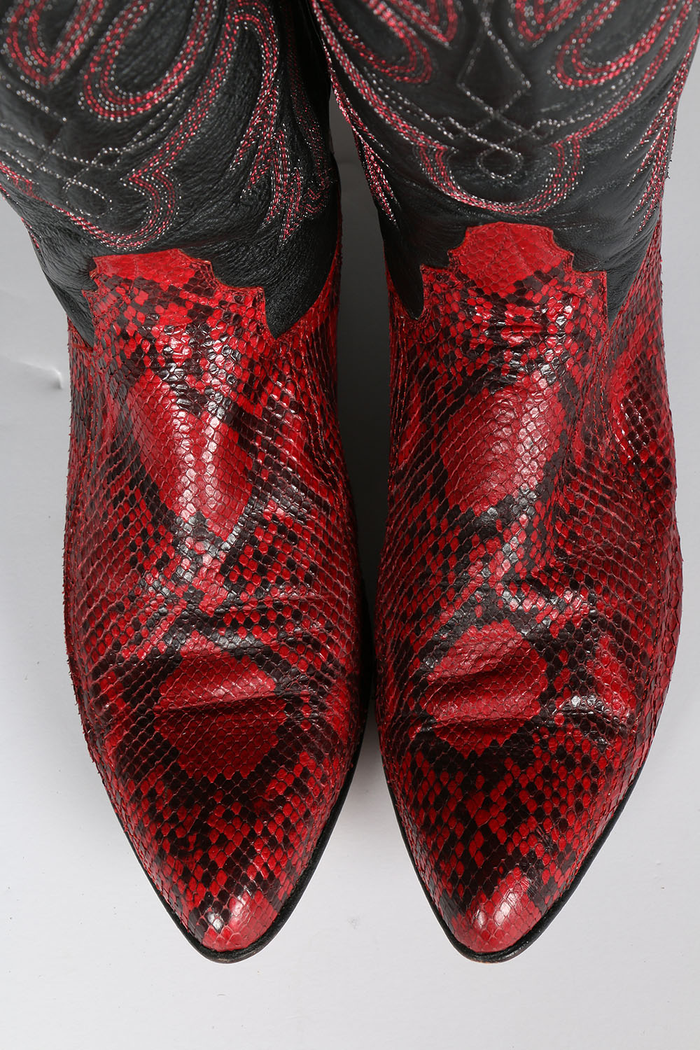 Vintage Larry Mahan of El Paso, Texas Red Snakeskin and Black Leather Cowgirl Boots