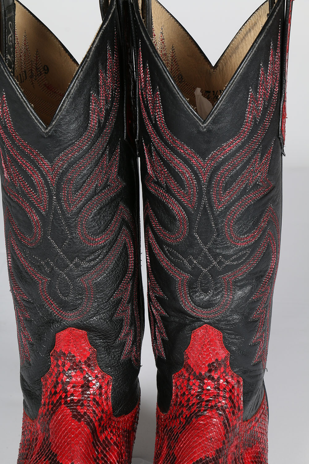 Vintage Larry Mahan of El Paso, Texas Red Snakeskin and Black Leather Cowgirl Boots