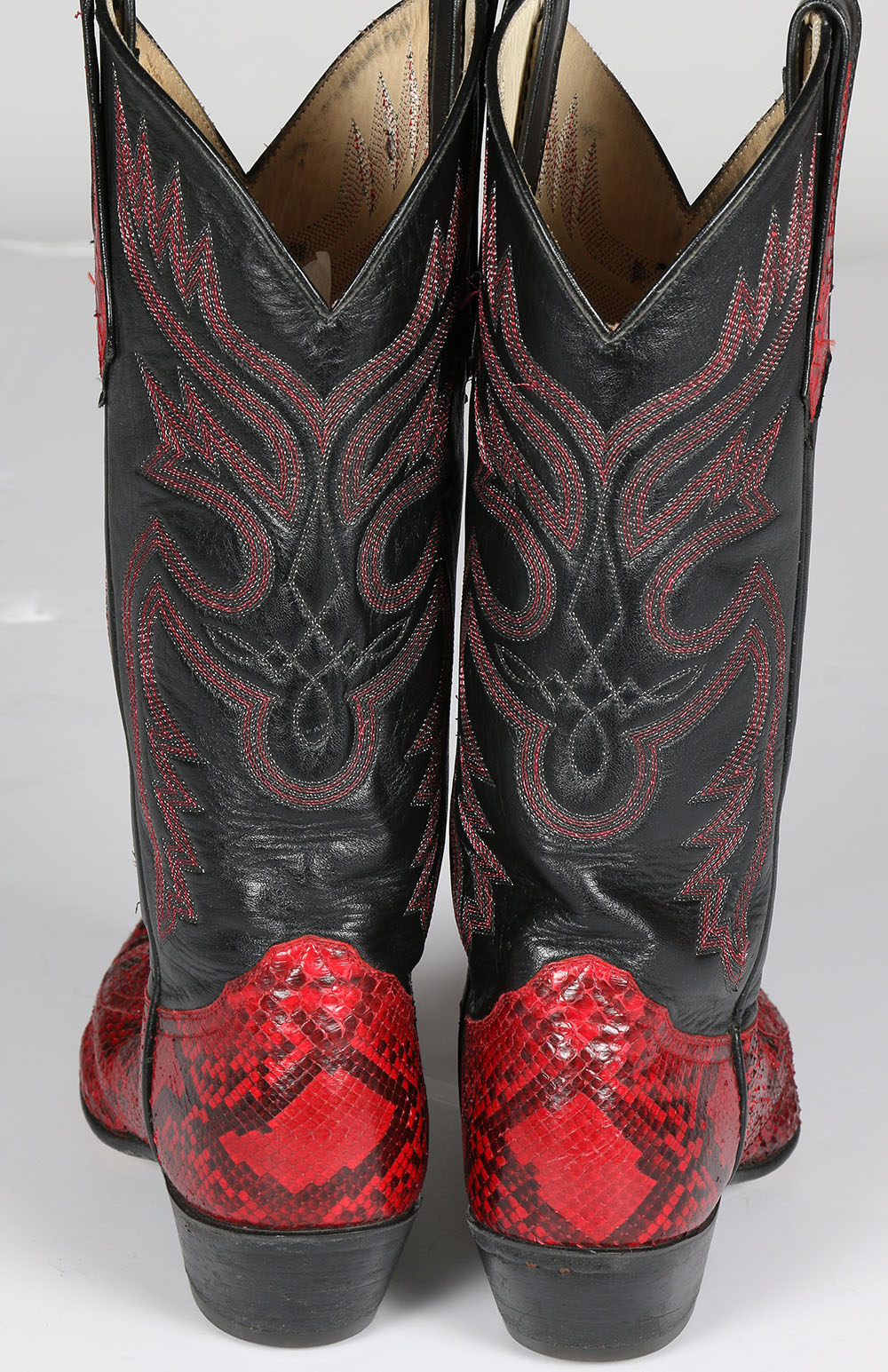 Vintage Larry Mahan of El Paso, Texas Red Snakeskin and Black Leather Cowgirl Boots