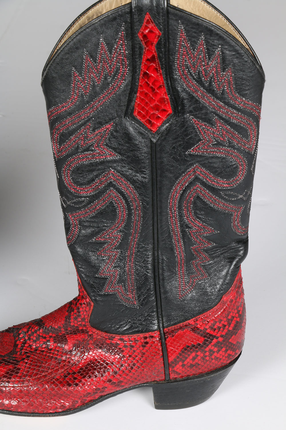 Vintage Larry Mahan of El Paso, Texas Red Snakeskin and Black Leather Cowgirl Boots