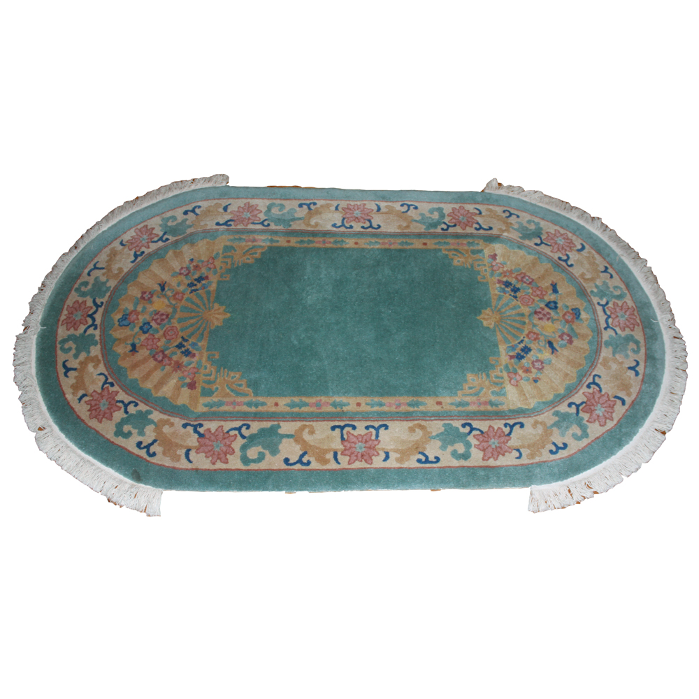 Teal Oval Rug with Fan Motif