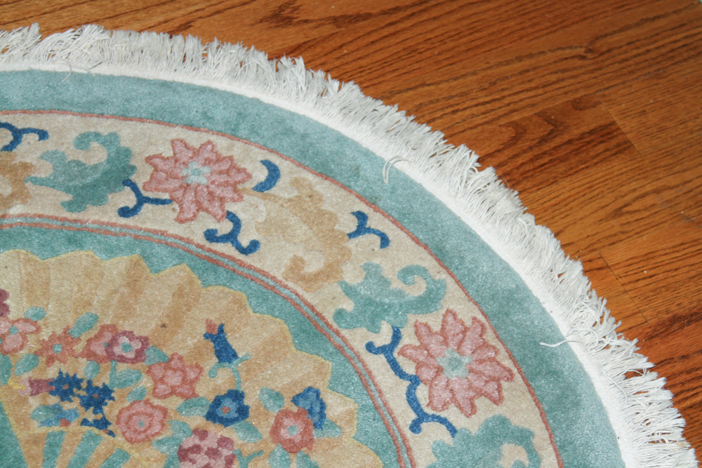 Teal Oval Rug with Fan Motif