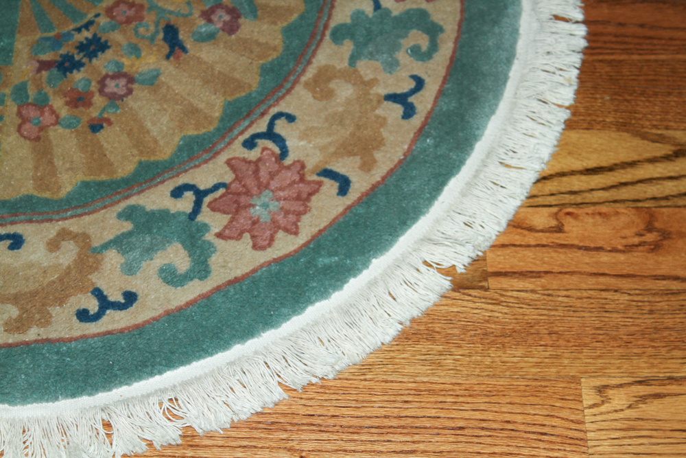 Teal Oval Rug with Fan Motif