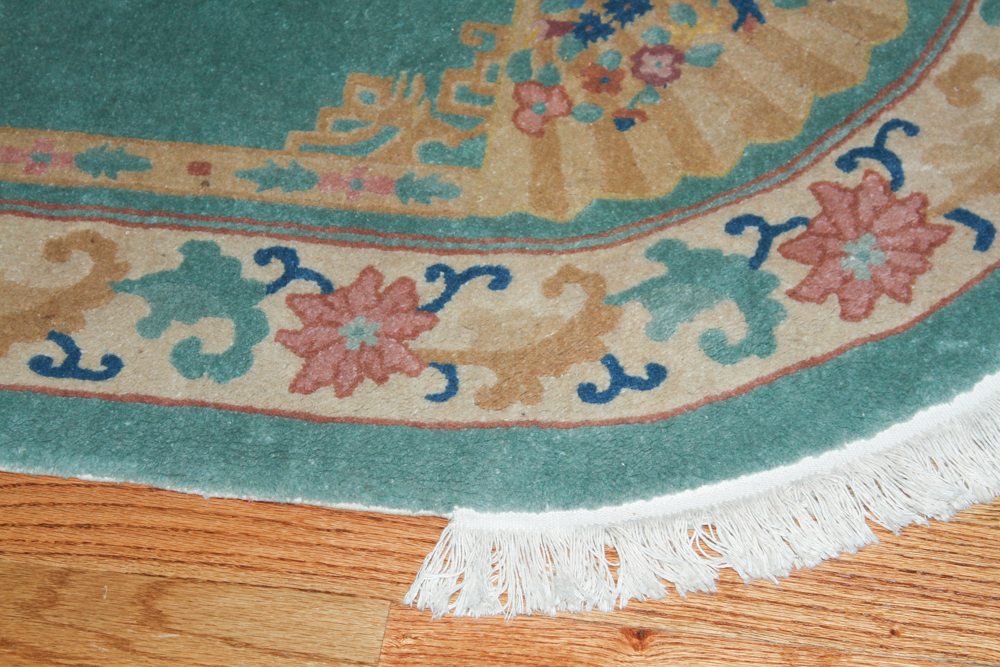 Teal Oval Rug with Fan Motif