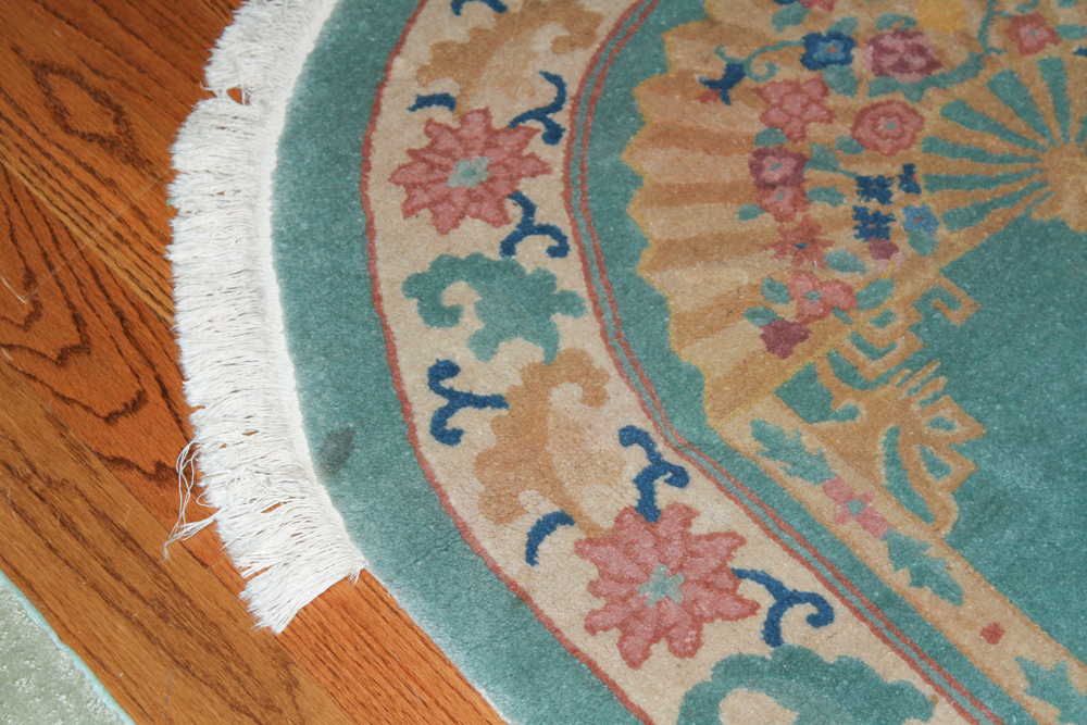 Teal Oval Rug with Fan Motif